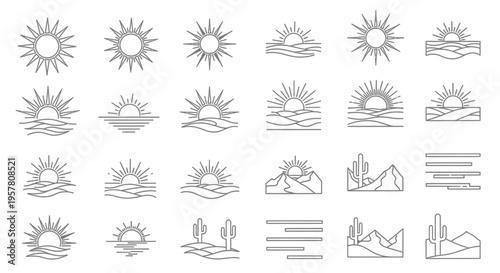 Collection of sun icons and landscapes.