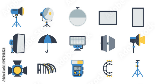 Collection of studio lighting equipment icons.