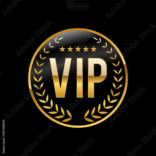 Vip invitation 3d button with gold crown, border and text on black background