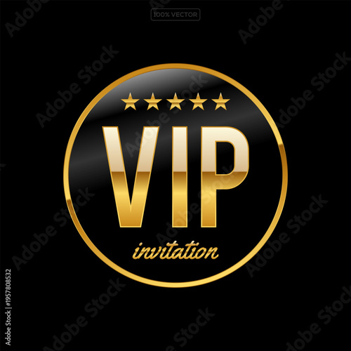 Vip invitation 3d button with gold crown, border and text on black background design