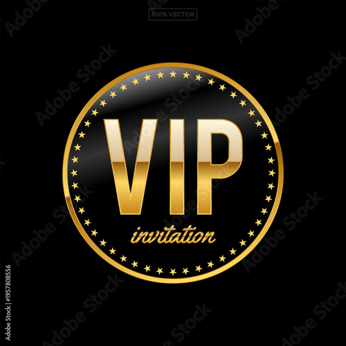 Vip invitation 3d button with gold crown, border and text on black background icon
