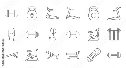 Collection of various gym equipment icons.