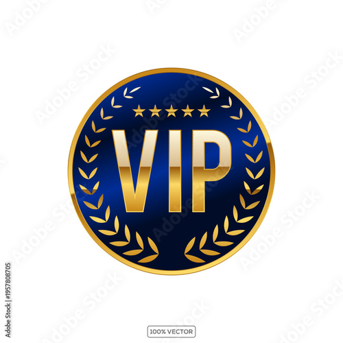 Vip invitation 3d button with gold crown, border and text on black blue background element