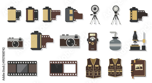 Collection of vintage camera equipment icons.