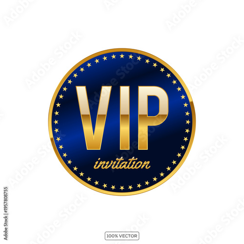 Vip invitation 3d button with gold crown, border and text on black blue background icon