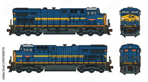 Detailed illustration of a modern diesel locomotive train, front and side views