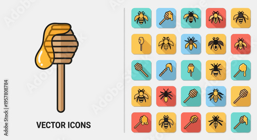 Colorful bee icons on honeycomb vector.