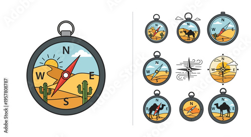 Colorful compass with desert landscape.