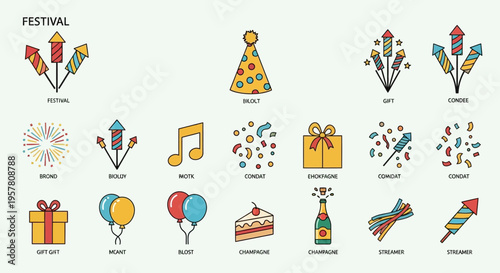 Colorful birthday party celebration icons.