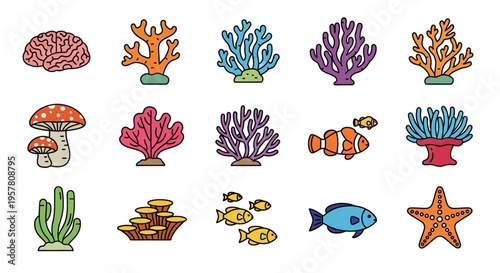 Colorful cartoon coral reef fish icons.
