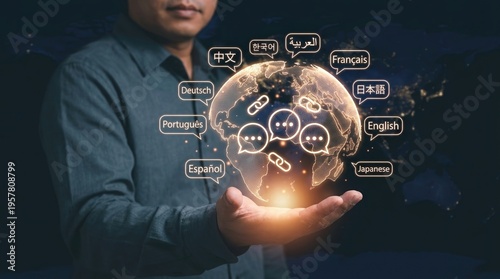 Global communication, language translation, digital networking, world globe, multilingual support, international business, technology interface for globalized business services.