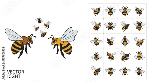 Detailed illustration of flying honey bees.