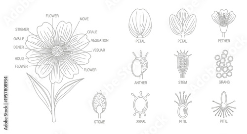 Detailed botanical flower parts diagram.
