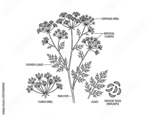Dill plant illustration, showing seeds, leaves, and flowers