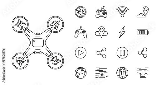 Drone with propellers and icons.