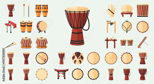 Drum and drumstick musical instruments collection.