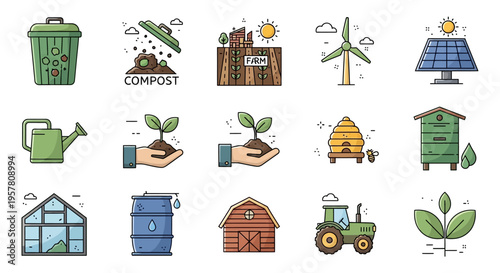 Eco friendly sustainable farming icons.
