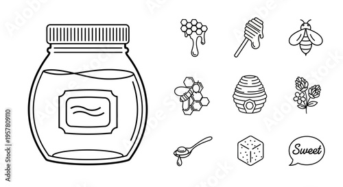 Honey jar and sweet food items.