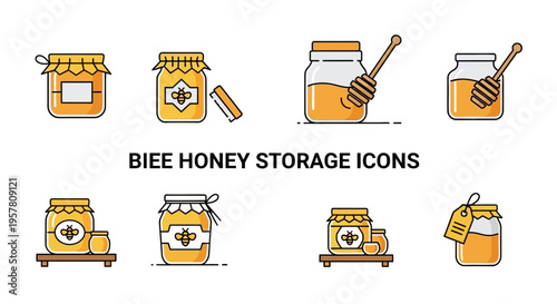 Honey jar storage icons set collection.