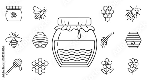 Honey jar with bees and flowers.