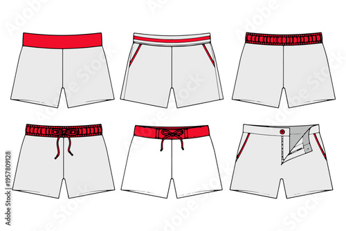Summer Beach Shorts Set Various Waistband Styles Swim Trunks Vector Illustration