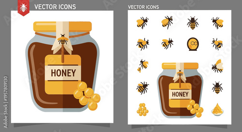 Honey jar with bees around it.