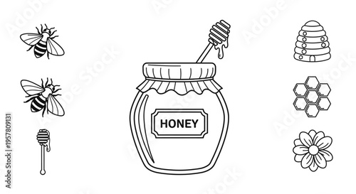 Honey jar with dipper and bees.