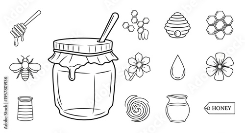 Honey jar with dipper and bees.