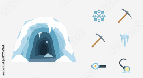 Ice cave entrance with mining tools.