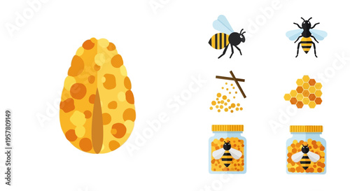 Honeycomb and bees illustration set.