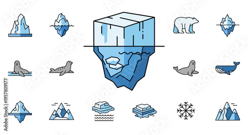 Iceberg and polar animals icons set.