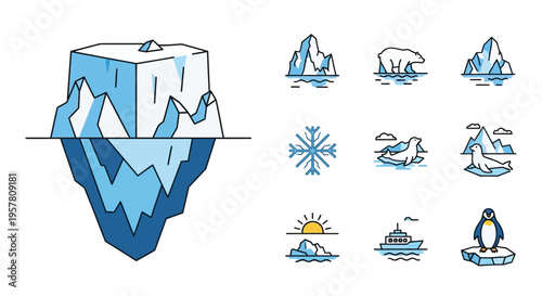 Iceberg and polar animals illustrations set.