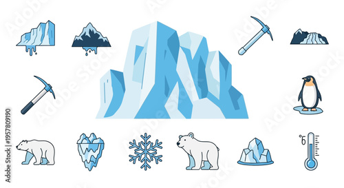 Iceberg and polar bear climate symbols.