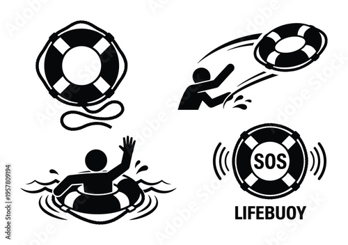 Emergency lifebuoy icons depicting rescue throwing and person being saved in water