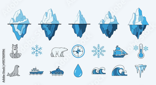 Iceberg and polar animal icons set.