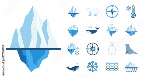 Iceberg and winter icons set collection.