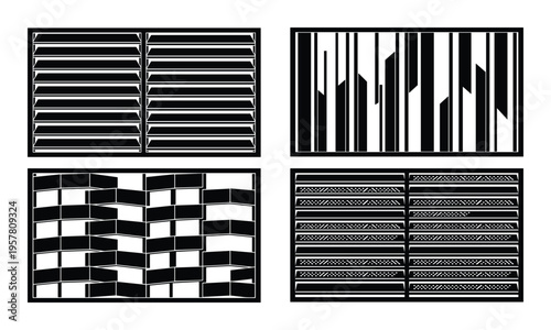 Four decorative panels with geometric and linear patterns, black on transparent background
