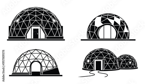 Geodesic dome house silhouettes for eco friendly glamping and modern architecture