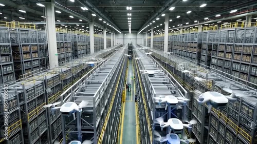 Drone in warehouse storage facility.