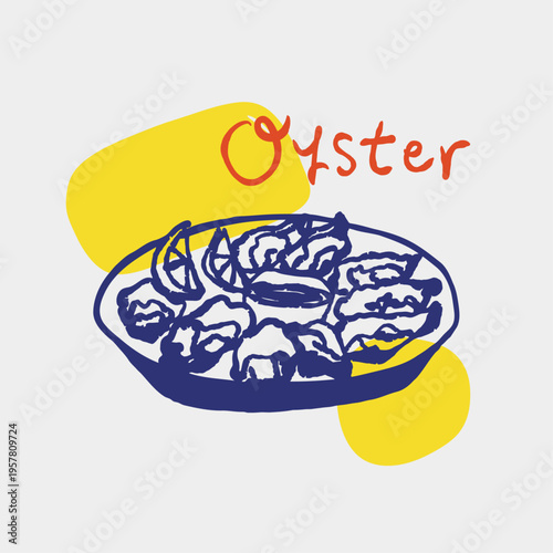 Fresh oyster platter with lemon slices ready to eat seafood outline sketch