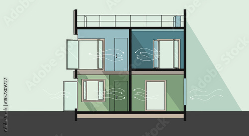 Flat Illustration of Natural Cross Ventilation in a Two-Story House for Better Indoor Air Quality and Sustainable Energy Efficiency