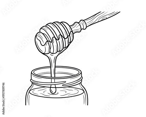 Honey dipper dripping honey into jar line art vector illustration