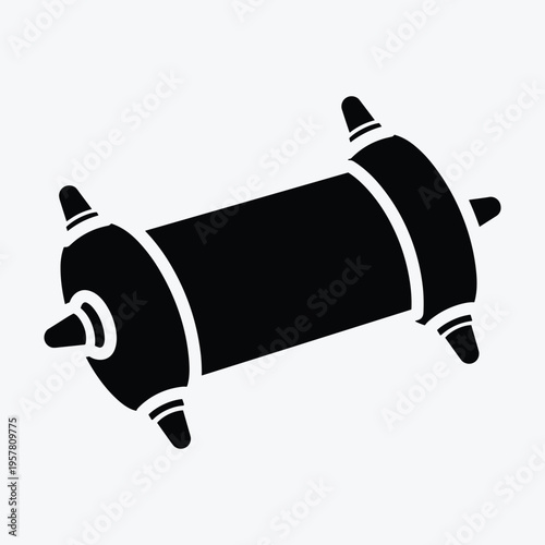 Modern black cylindrical object with white accents and spikes
