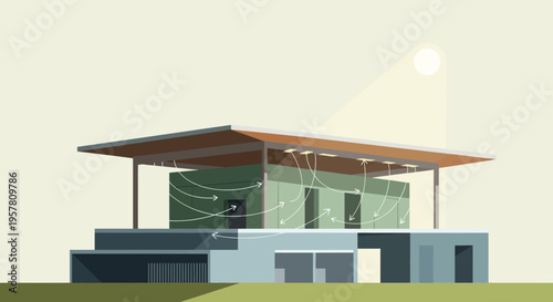 Sustainable Architecture Illustration Showing Passive Cooling and Natural Ventilation Systems in a Modern Eco-Friendly Green Building