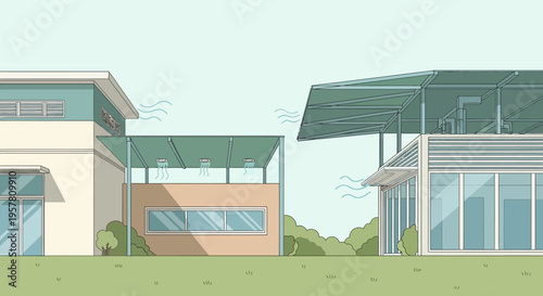 Modern Sustainable Building Design with Passive Cooling and Natural Ventilation Systems, Eco-friendly Architecture Illustration
