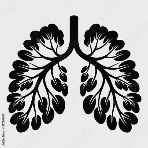 Stylized black illustration of human lungs with branching airways