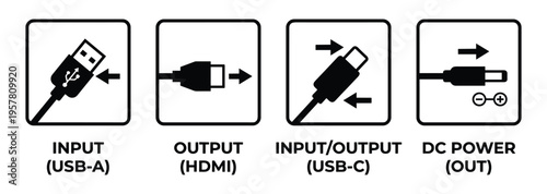 Input output symbols. usb hdmi dc power. technology connection signs. flat vector illustration