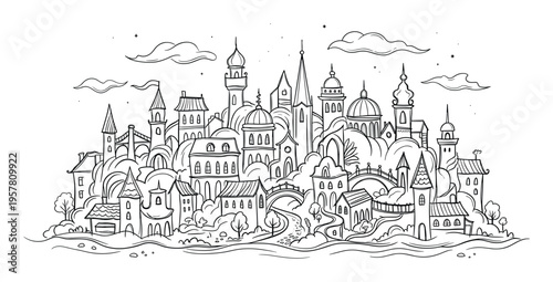 Intricate hand drawn old city landscape with castles towers and bridges vector line art
