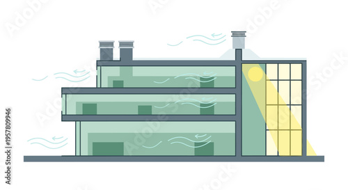 Sustainable Building Design Diagram Showing Natural Ventilation and Daylighting for Energy Efficiency