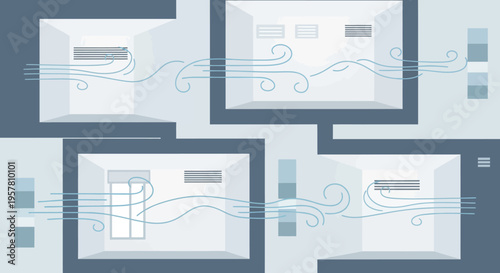 Abstract Illustration of Indoor Air Circulation and Ventilation Systems in Modern Rooms with Airflow Lines